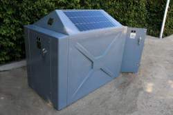 Solar Shell Bike locker. Bike locker with solar panel showing back door